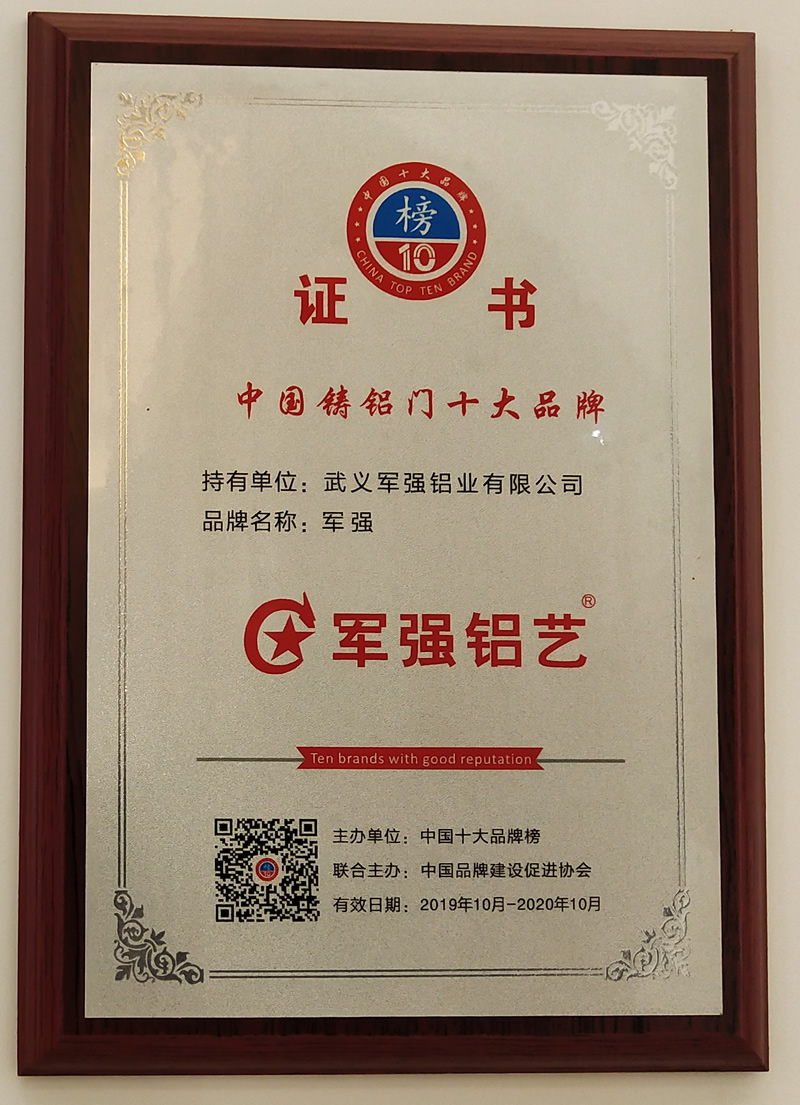 2020年鑄鋁門十大品牌,熱烈祝賀軍強門業(yè)榮獲鑄鋁門十大品牌稱號 2020年鑄鋁門十大品牌,熱烈祝賀軍強門業(yè)榮獲鑄鋁門十大品牌稱號